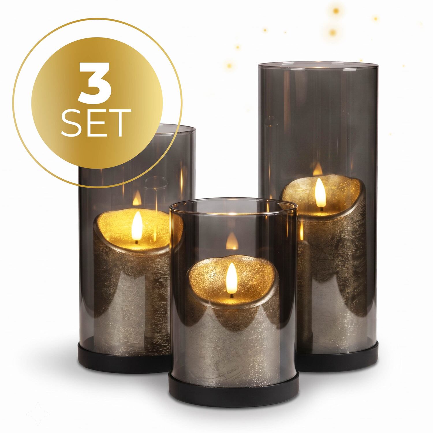 Set van 3 industriële KENN® kaarsenhouders van rookglas met zwarte metalen basis