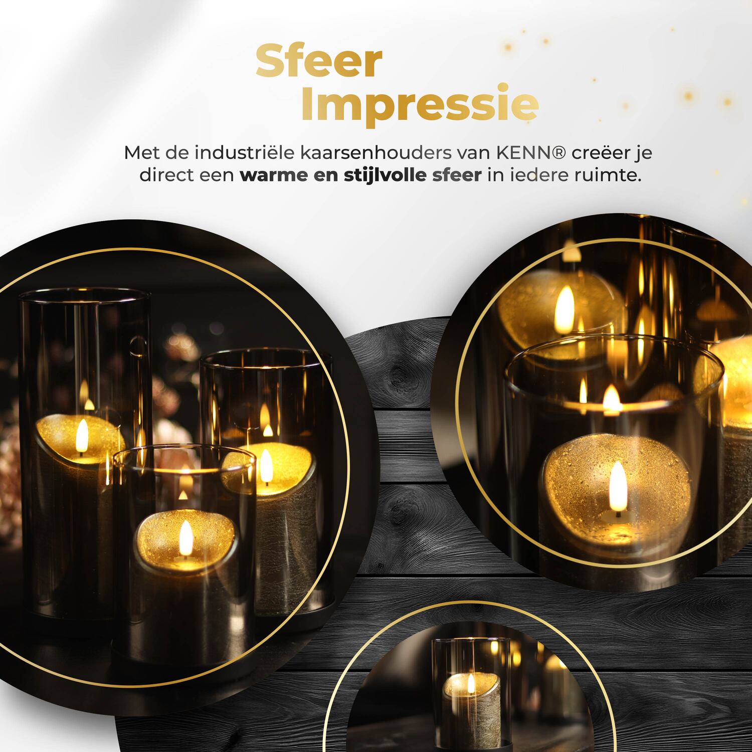 Sfeerimpressie van industriële KENN® kaarsenhouders met warme verlichting