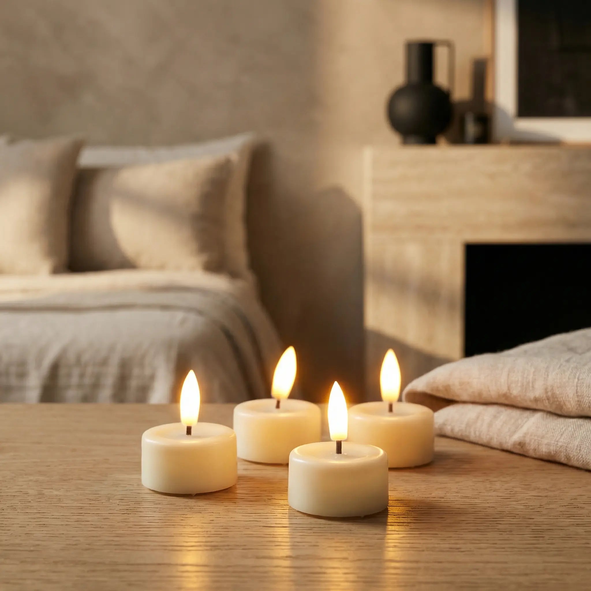 KENN ivoor LED waxinelichtjes op batterij op tafel in warme woonkamer