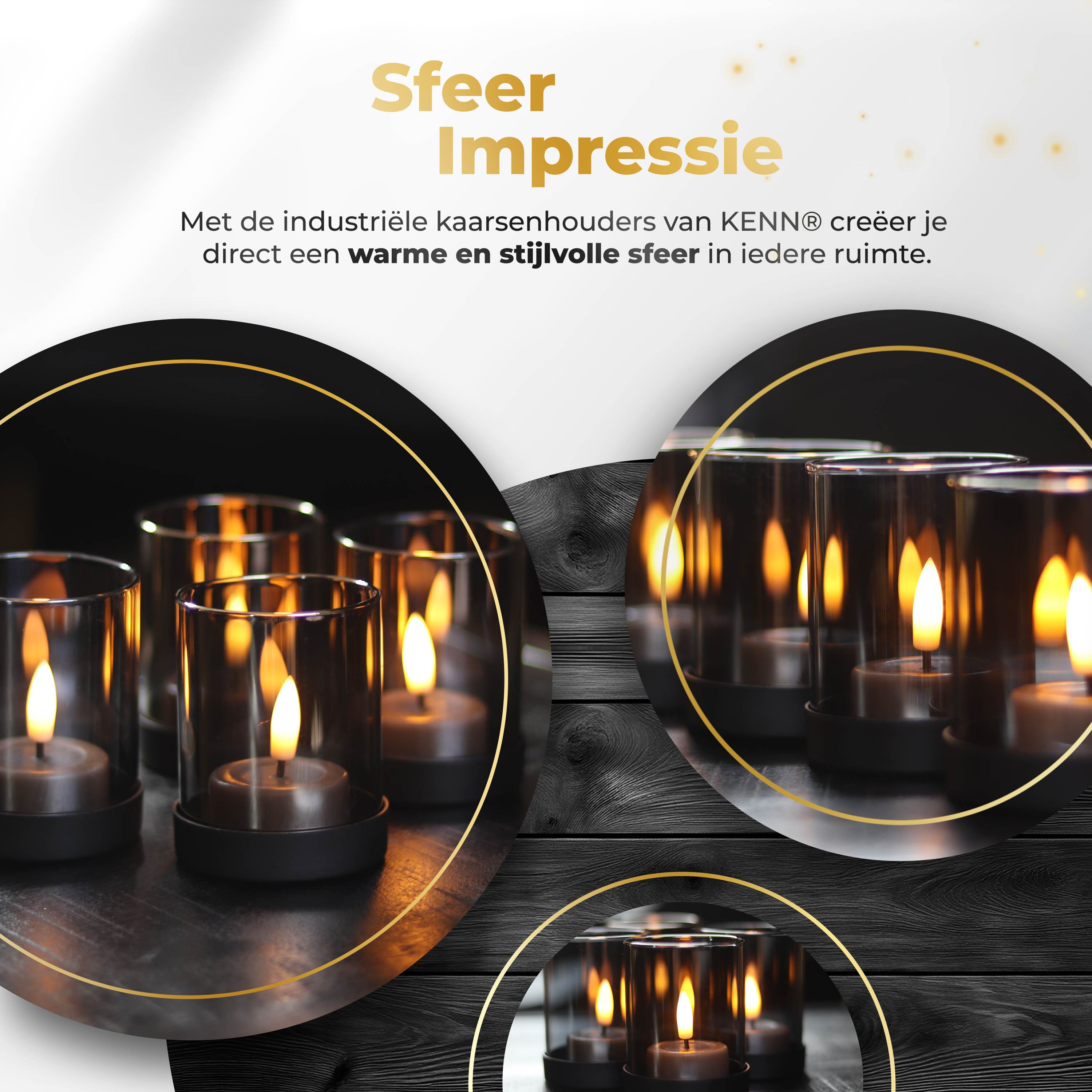 KENN® industriële kaarsenhouders van rookglas met zwarte metalen basis sfeerimpressie