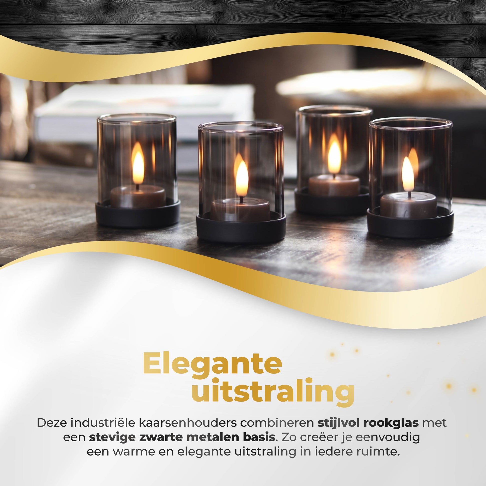 KENN® industriële kaarsenhouders van rookglas met zwarte metalen basis met elegante uitstraling