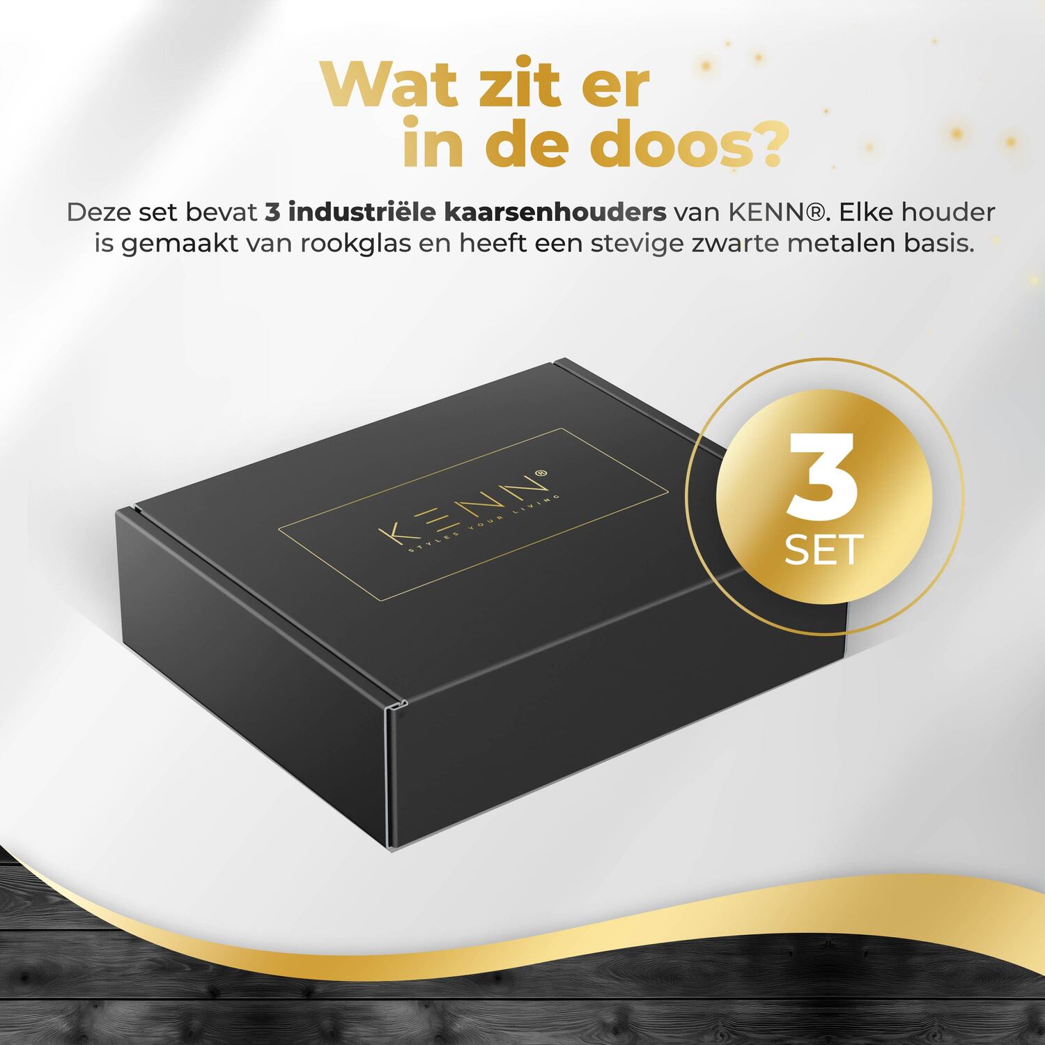 Verpakking met 3 industriële KENN® kaarsenhouders van rookglas