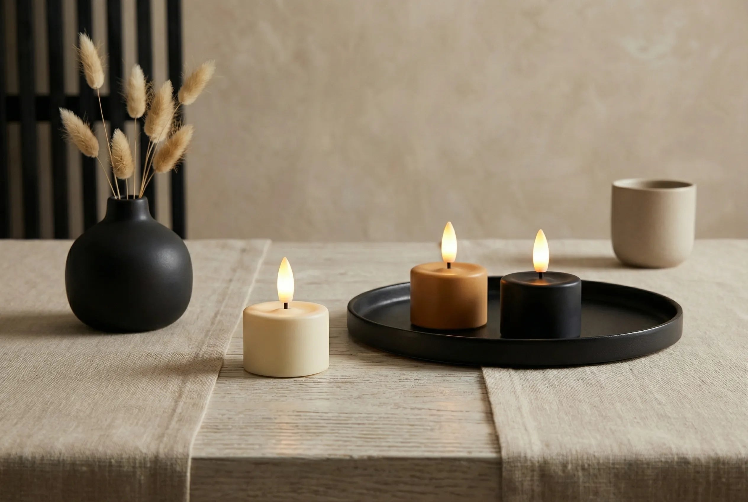 Glowpro oplaadbare waxinelichtjes op een houten tafel met zwart dienblad in de kleuren caramel, ivoor en zwart.