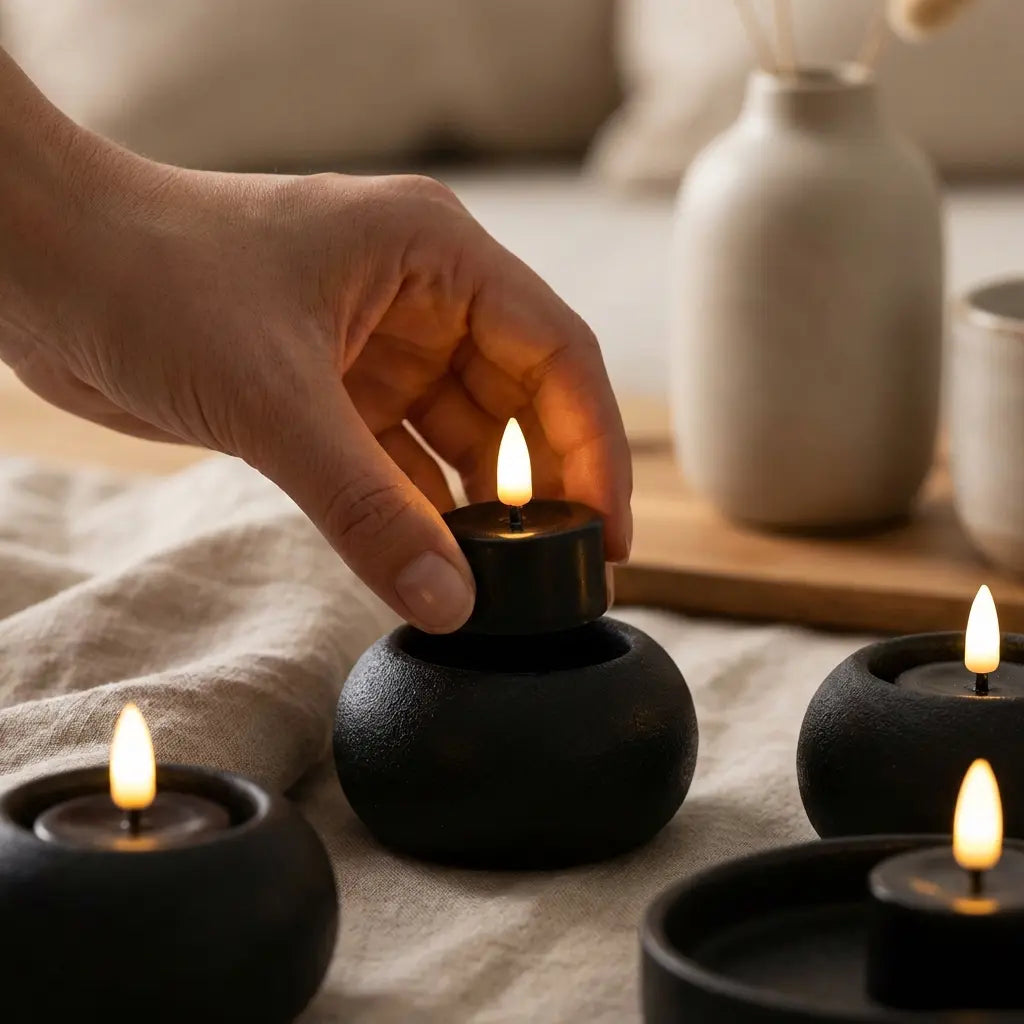 KENN zwarte LED waxinelichtjes op batterij in zwarte waxinelichthouder