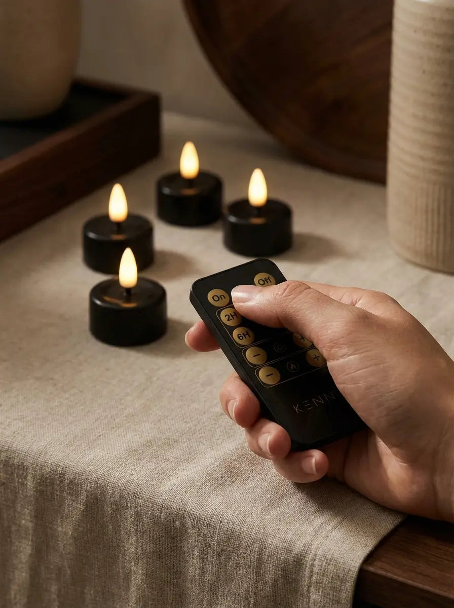 Zwarte elektrische waxinelichtjes op batterij met afstandsbediening van KENN®