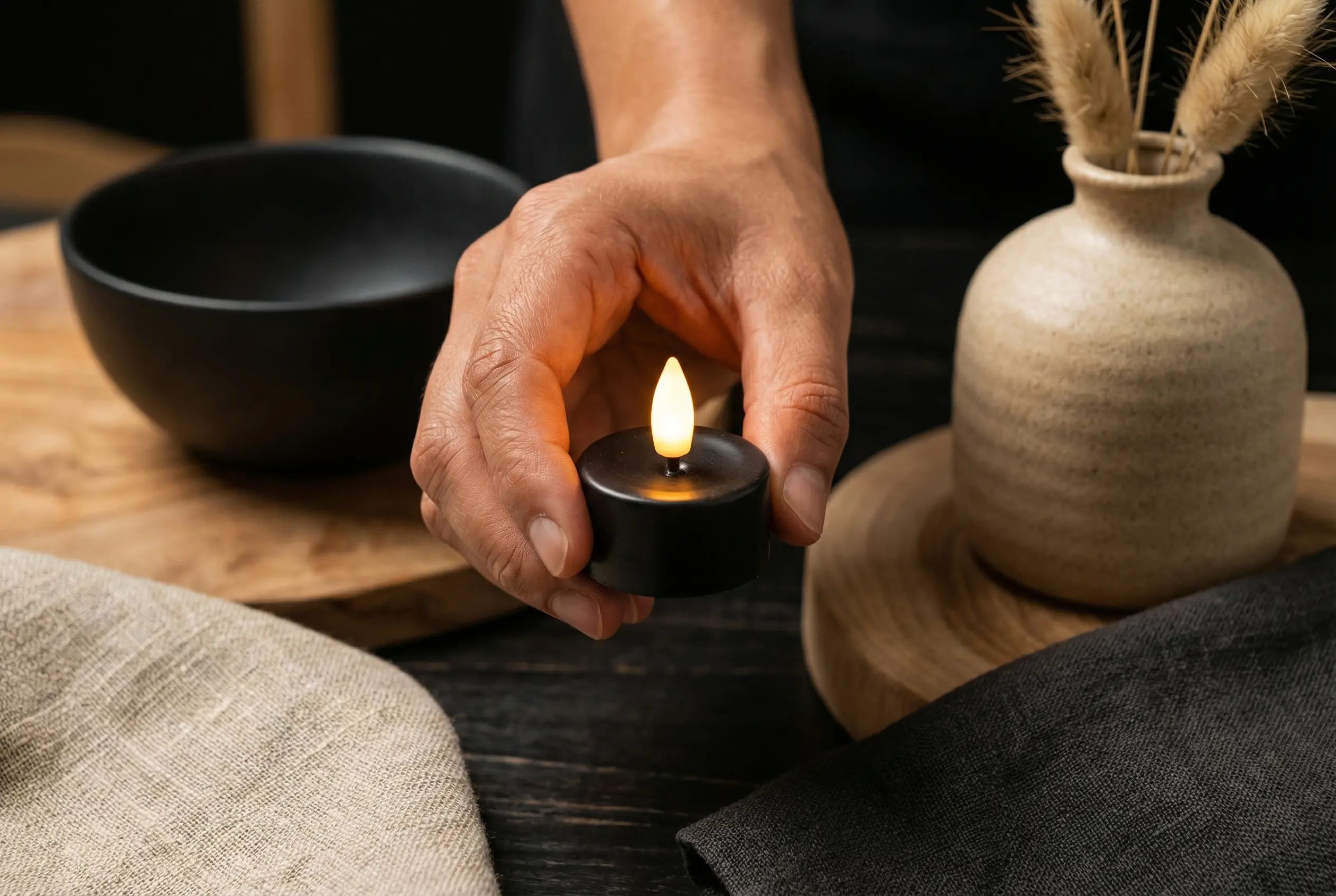 Zwart LED waxinelichtje op batterij met vaas