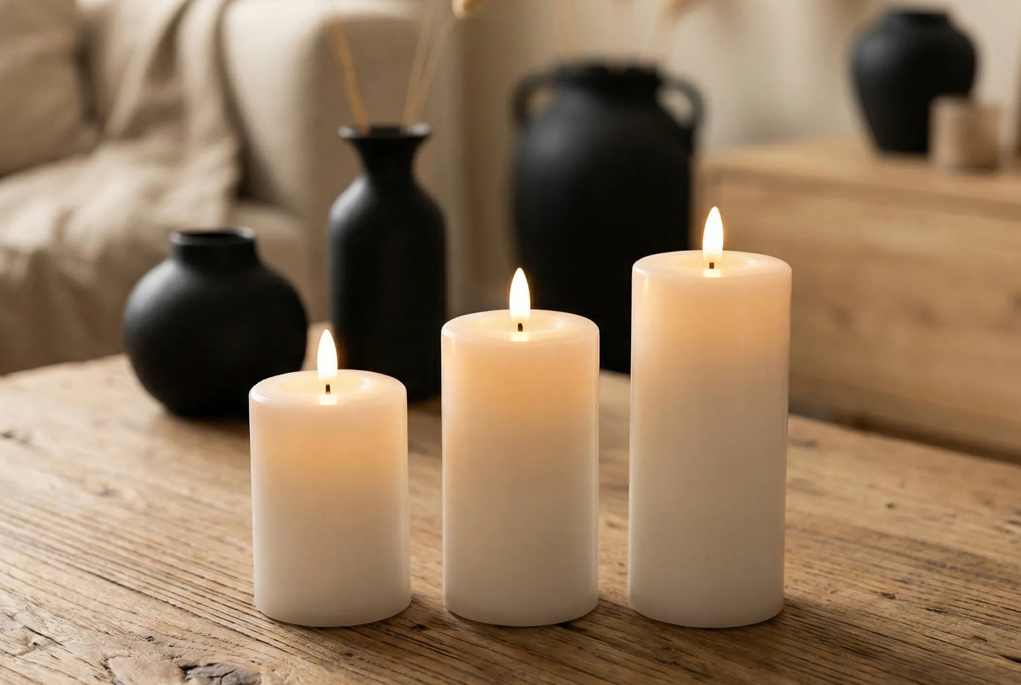 Set van 3 Glowpro oplaadbare stompkaarsen van KENN® op een robuust houten tafel.