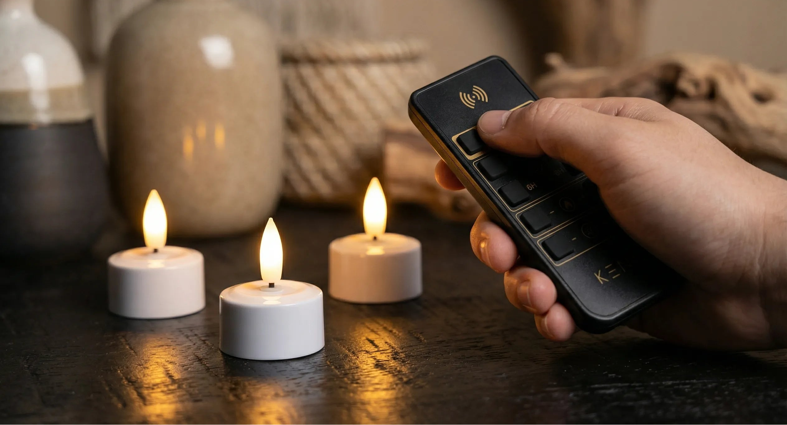KENN oplaadbare kaarsen met handige afstandsbediening op tafel neergezet.