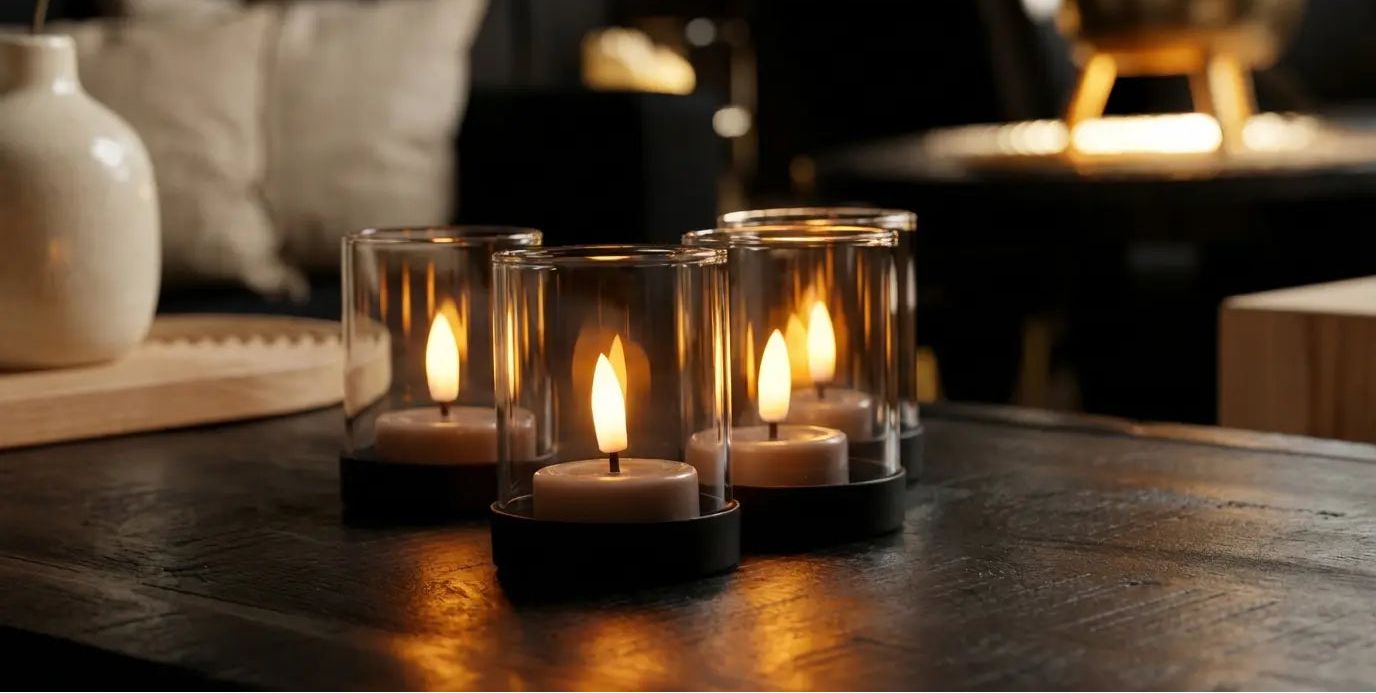 KENN Taupe led waxinelichtjes in sfeervolle industriele waxinelichthouders van glas