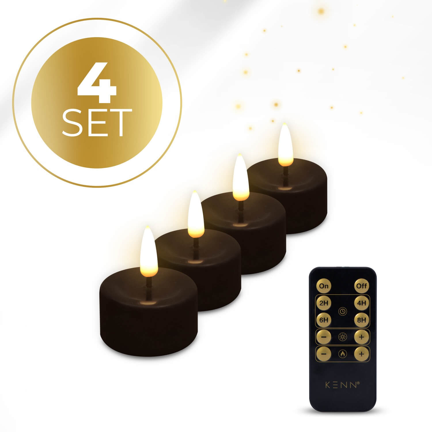 KENN® 4-delige set waxinelichtjes op batterij in zwart met afstandsbediening