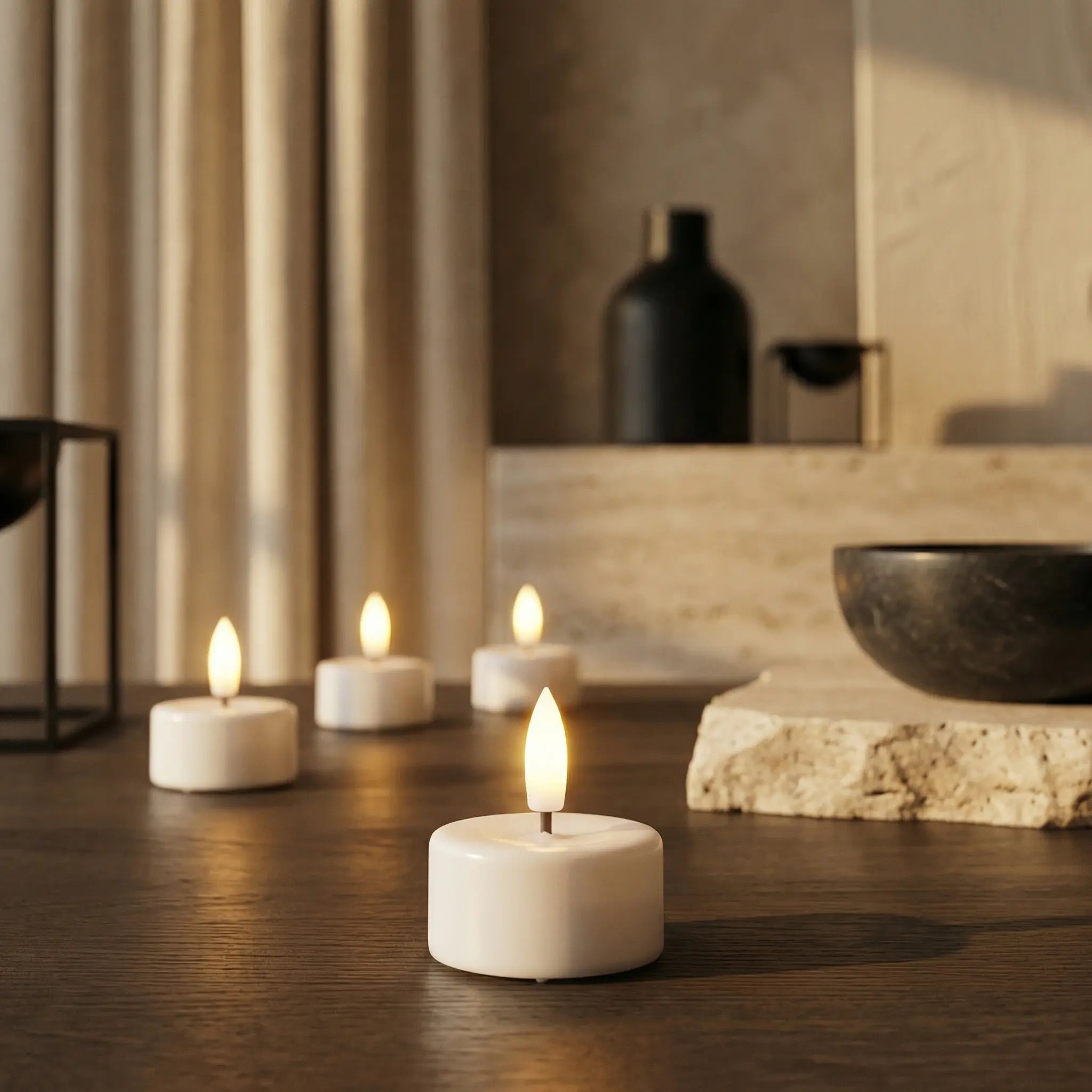 Witte LED waxinelichtjes op batterij in sfeervolle setting