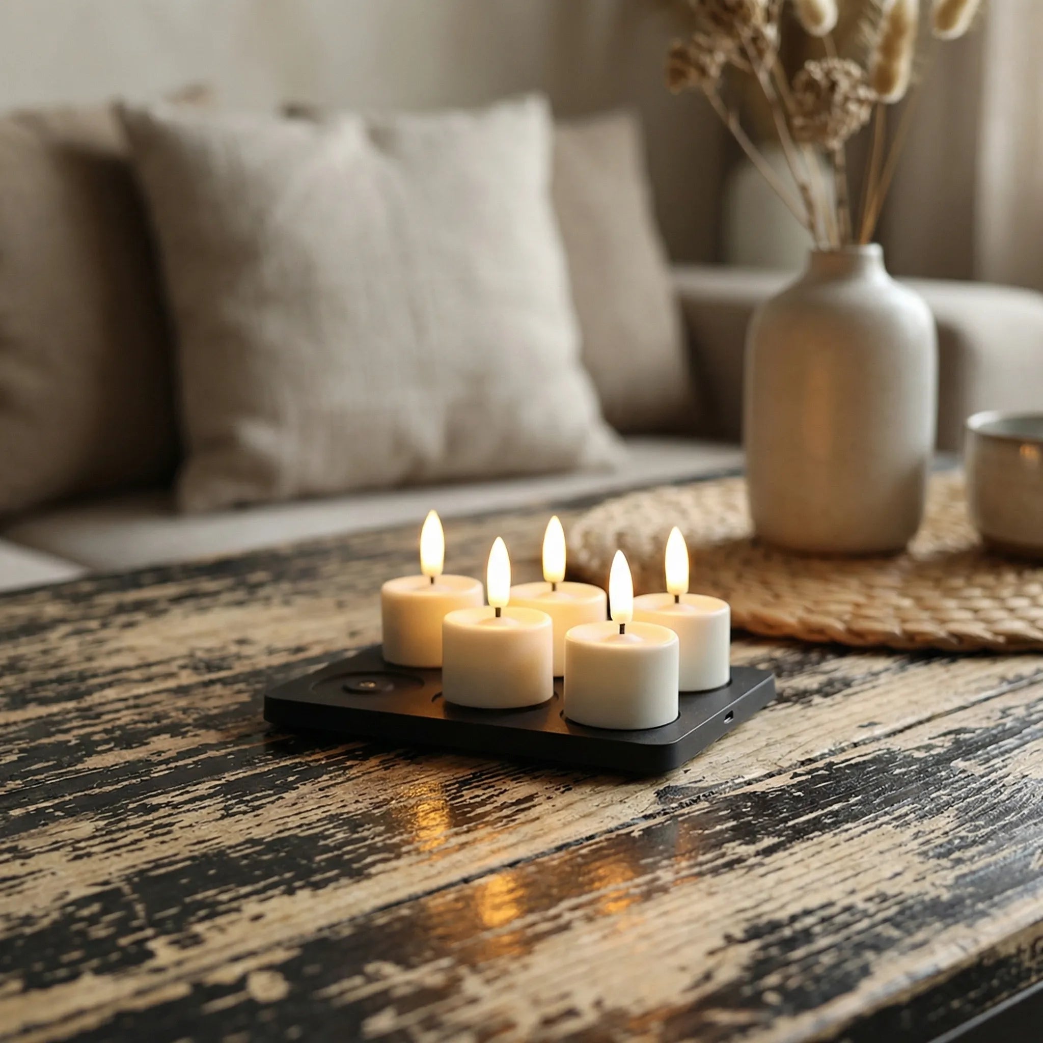 6-set glowpro oplaadbare waxinelichtjes op een houten tafel in een woonkamer.